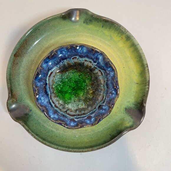 Handcrafted 2 piece Blue & Green Ceramic Dishes one with Fused Glass Center - Picture 1 of 9